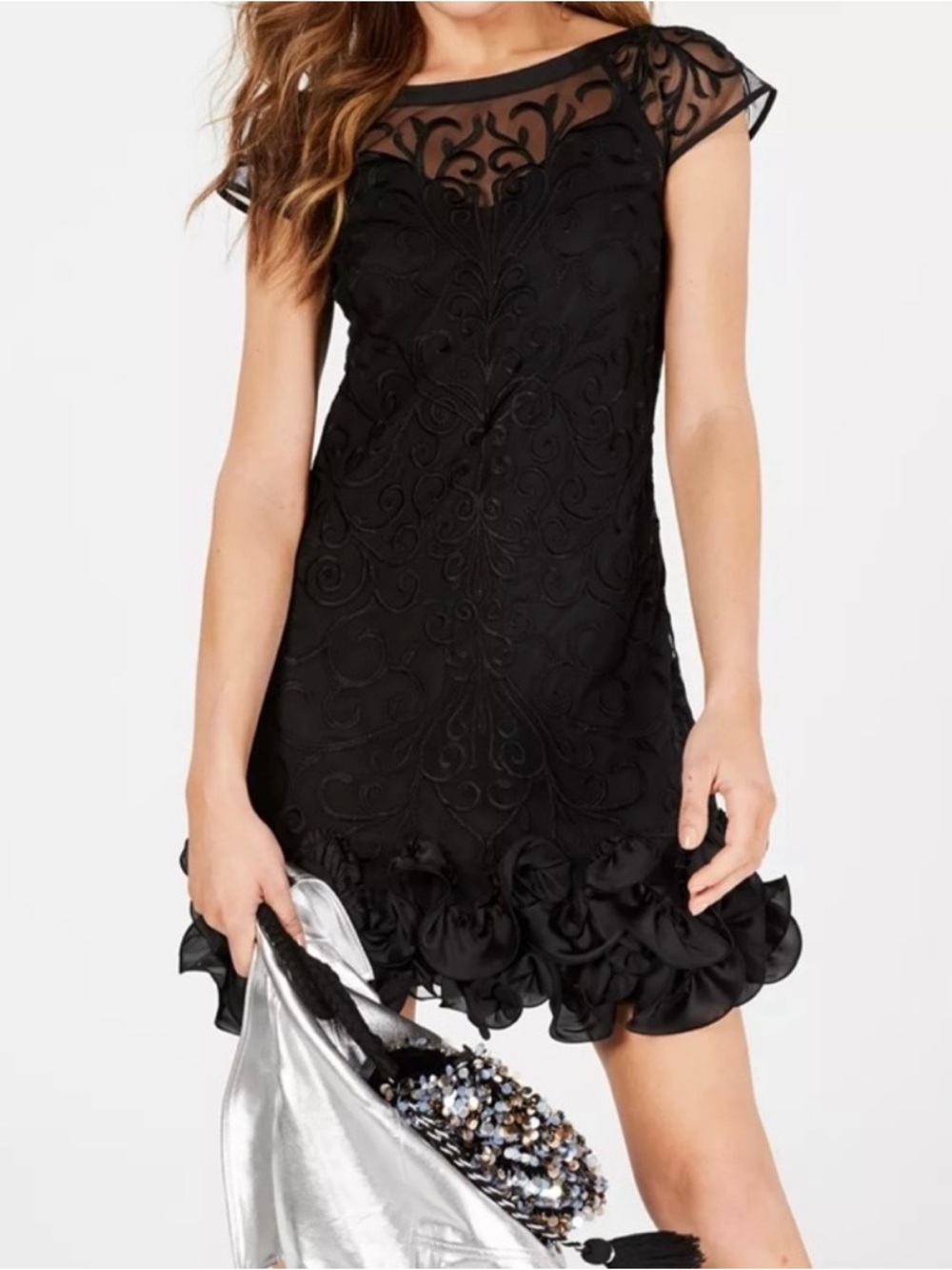 GUESS Black Embroidered Cap-Sleeve Mini Dress Women’s Size 4 - Picture 15 of 16